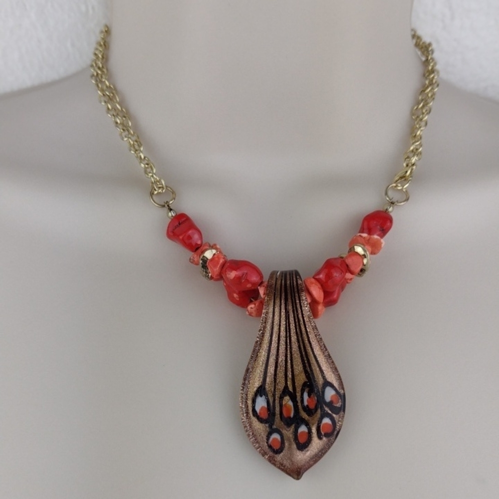 Gold Chain Necklace with Red Coral Beads Peacock-Style Pendant & Earrings